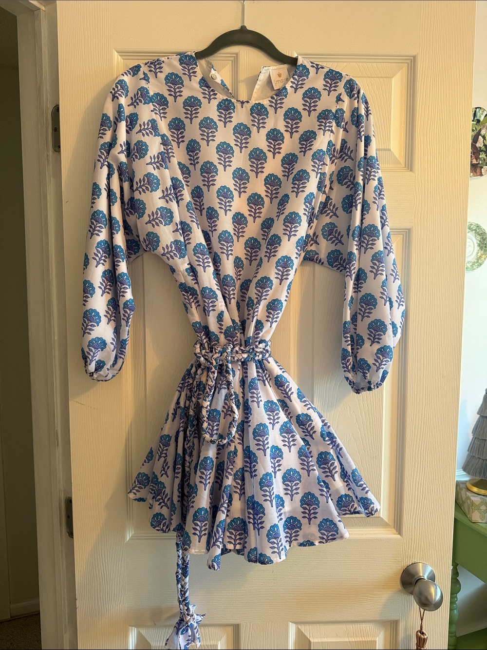 Blue Floral Print Mini Dress with Tie Waist